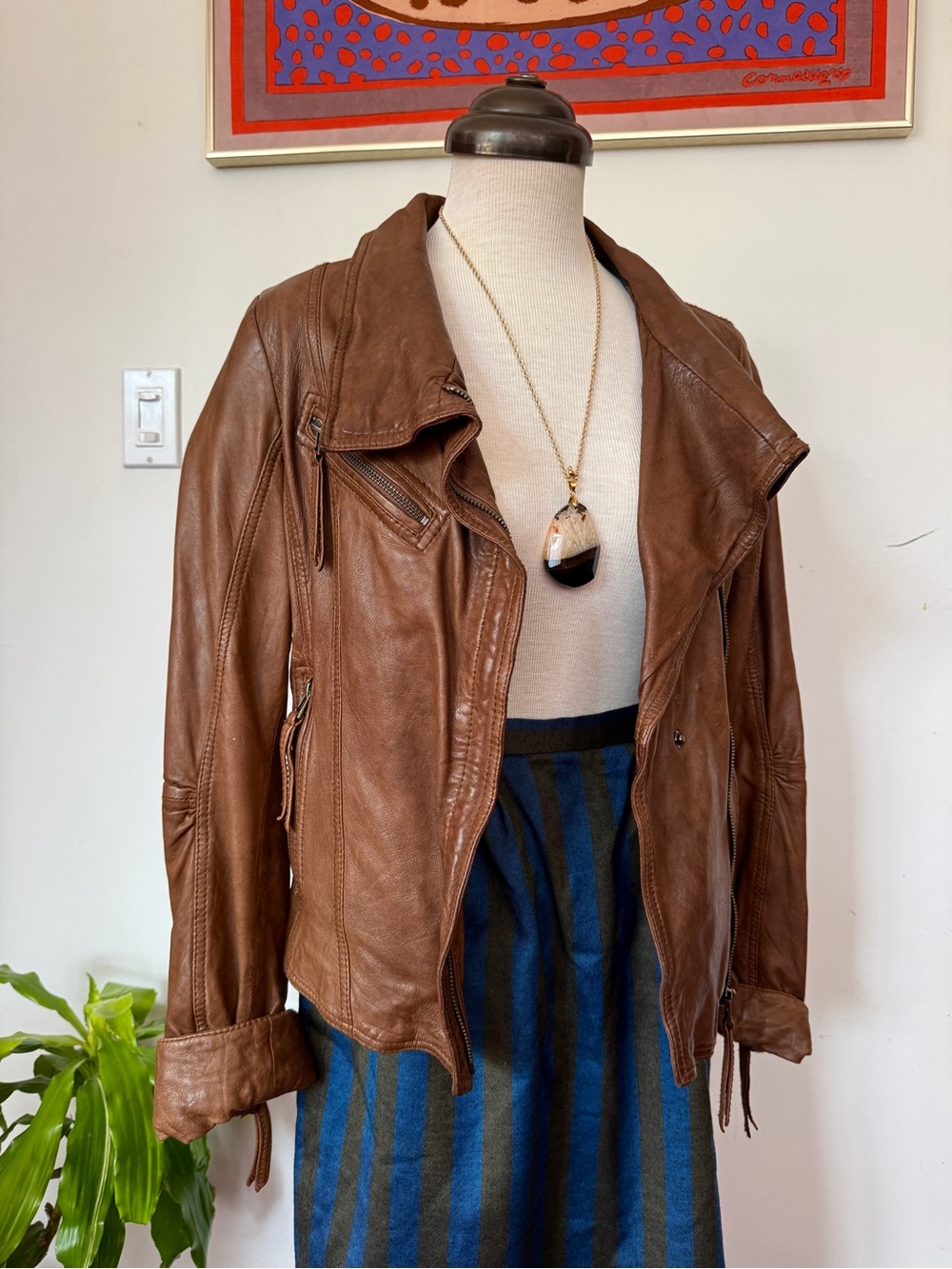 Danier Brown Leather Moto Jacket Women’s 2XS